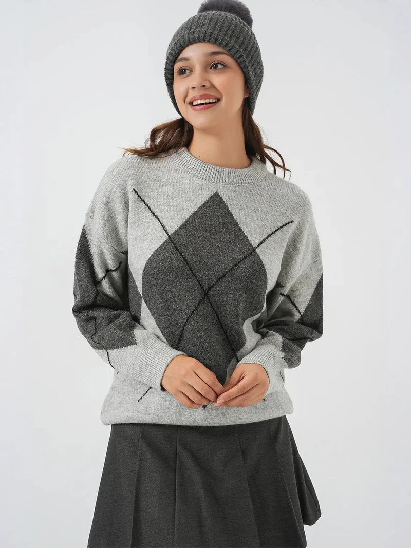 Big Dart Grey BDART Oversized Argyle Crew Neck Jumper for Women | Best Price UAE